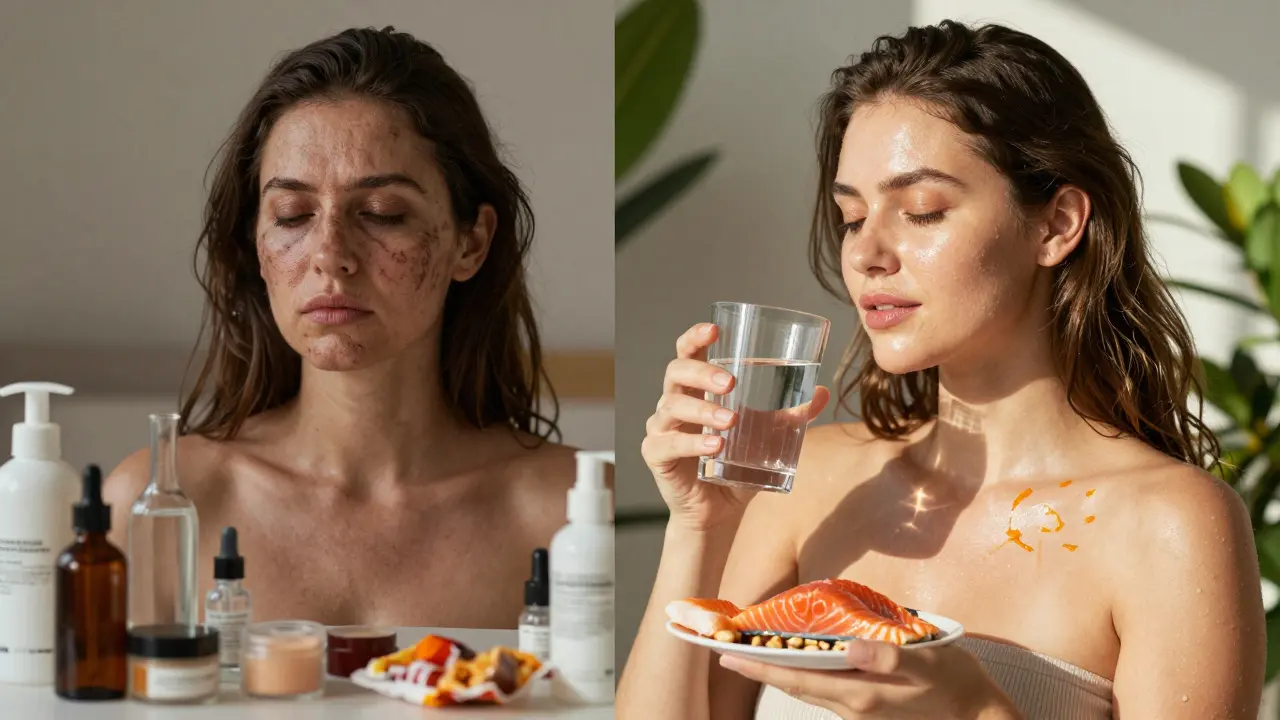 Dvě verze ženy: jedna s nezdravou pletí a cukrem, druhá se zářivou pletí a zdravou stravou.