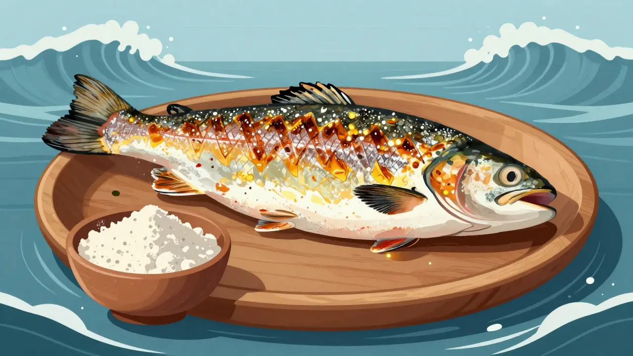 Grilovaný pstruh s kůží na dřevěné desce, vedle něj prášek rybího kolagenu.