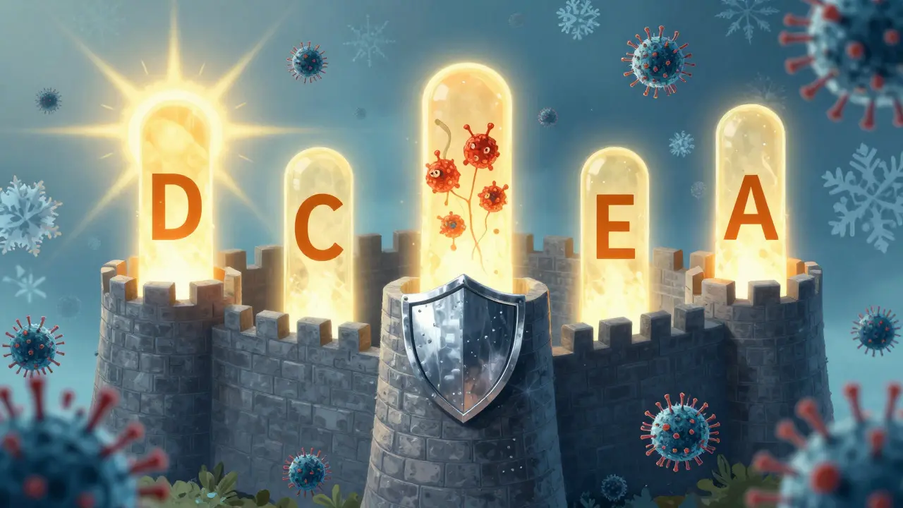 Imunitní systém jako pevnost s pěti světícími sloupy reprezentujícími vitamíny D, C, zinek, E a A, které brání virům.