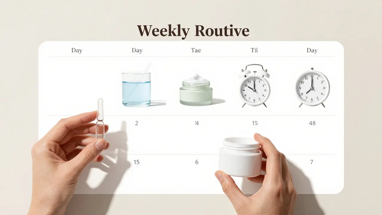 Jednoduchý týdenní režim péče o podrážděnou pleť: čištění, krém, opatrnost.