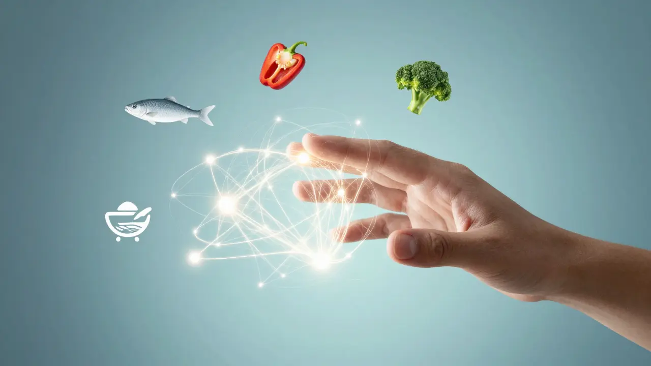 Kolagenová síť v kůži a kloubech s obklopujícími potravinami bohatými na kolagen.