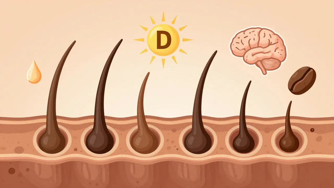 Křížový řez vlasového folikulu s ukázkou zdravého a uspaného stavu s klíčovými faktory růstu.