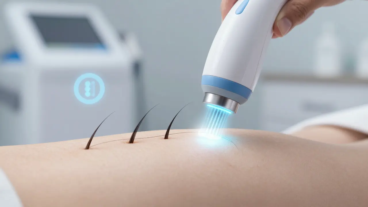 Laserové paprsky ničí vlasové folikuly pod světlou kůží v klinice.