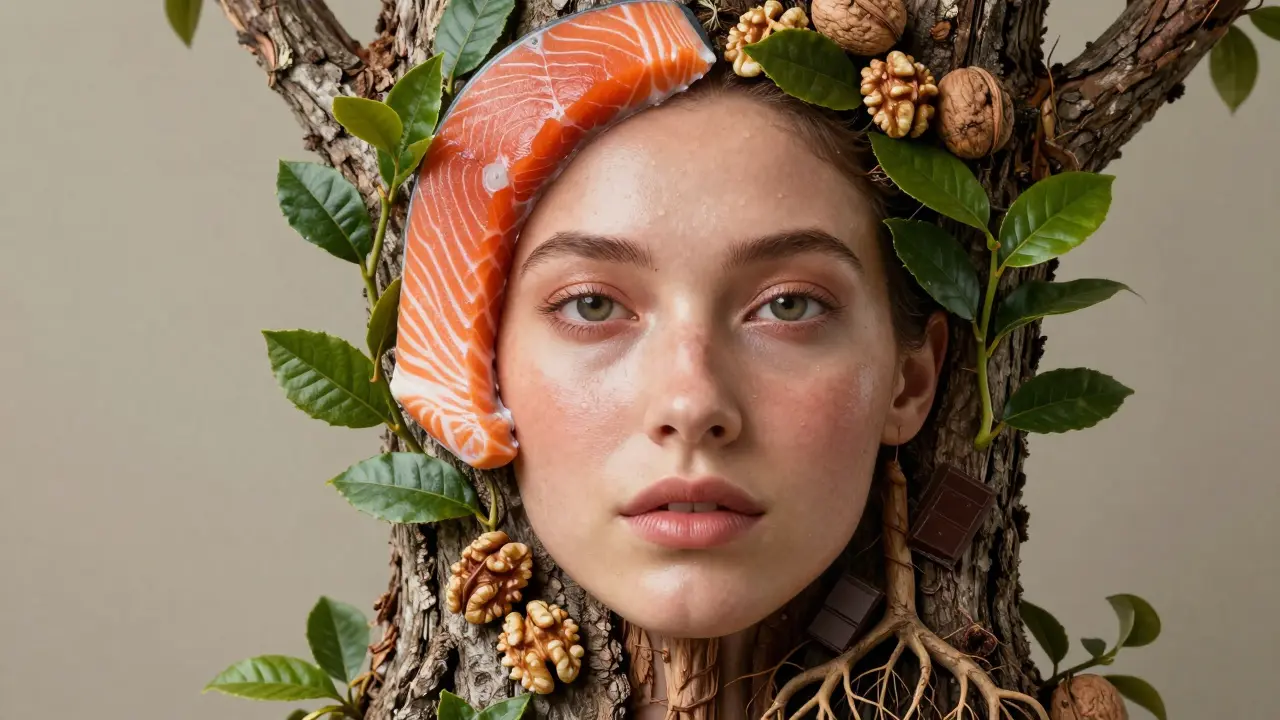 Lidská tvář vyrůstá ze stromu složeného z potravin, které podporují zdravou pleť.