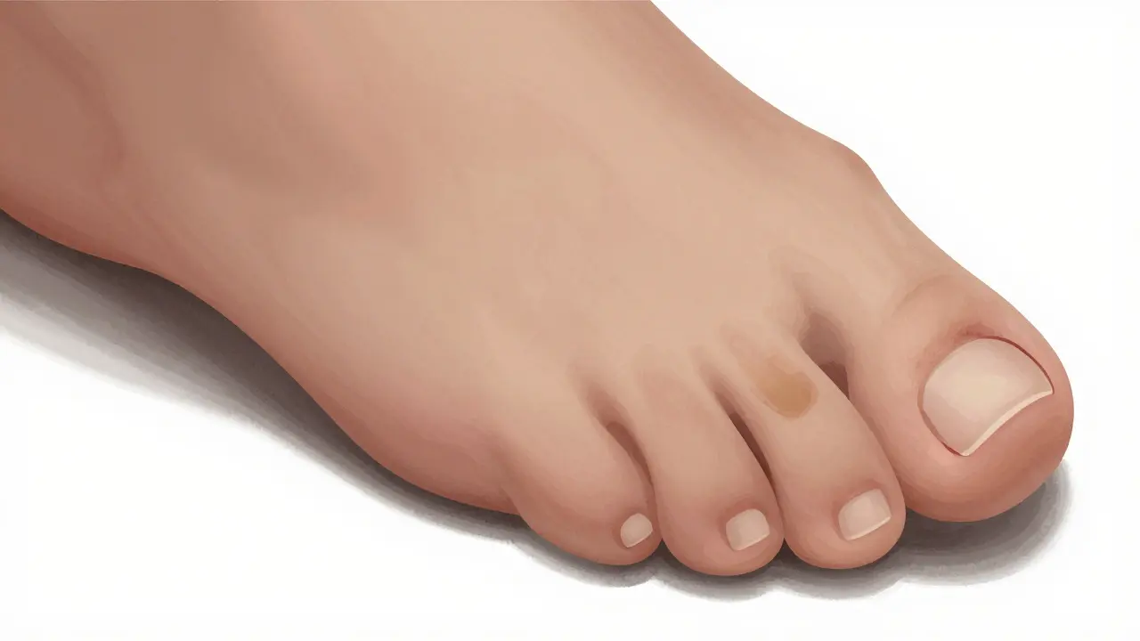 Melanom pod nehtem s příznakem Hutchinsona, kde pigment přechází do kůže kolem nehtu.