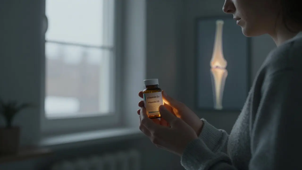 Osoba v zimním prostředí drží doplněk vitamínu D3, zatímco slabé sluneční světlo proniká oknem, s podobou kolenního kloubu na pozadí.