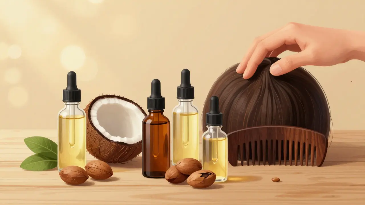 Pět přirozených olejů v skleněných lahvičkách s hřebenem na dřevěném povrchu.