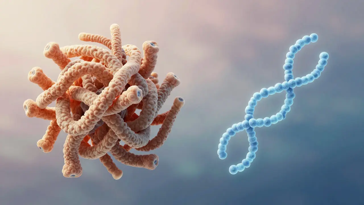 Porovnání molekul kolagenu: velké vlákna z hovězího zdroje a menší peptidy z rybího kolagenu v mořském prostředí.