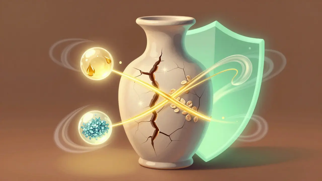 Poškozená bariéra kůže je obnovována ceramidy, ovesem a pantenolem.