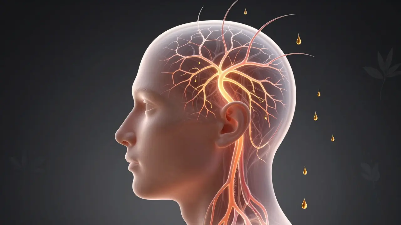 Přehledný vnitřní pohled na pokožku hlavy s proudy živin a olejovými kapičkami.