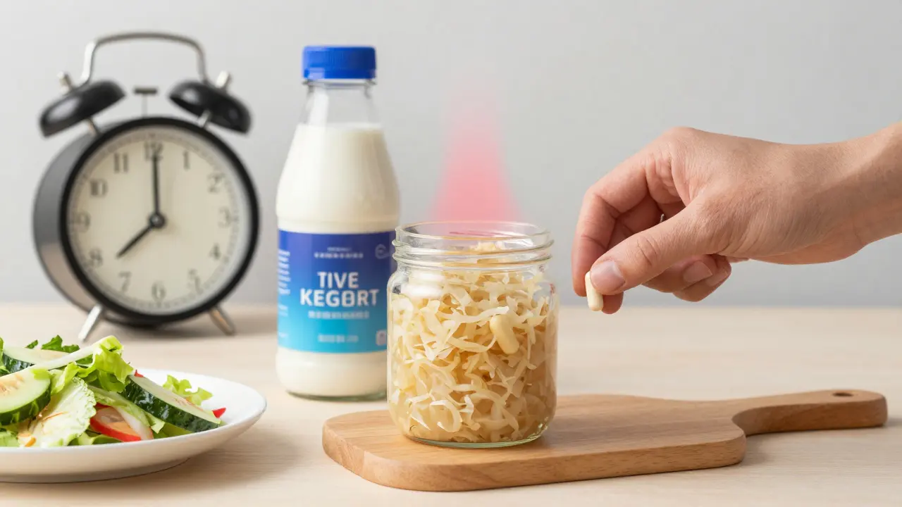 Probiotikum vedle kysaného zelí a kefíru s hodinami ukazujícími ráno.