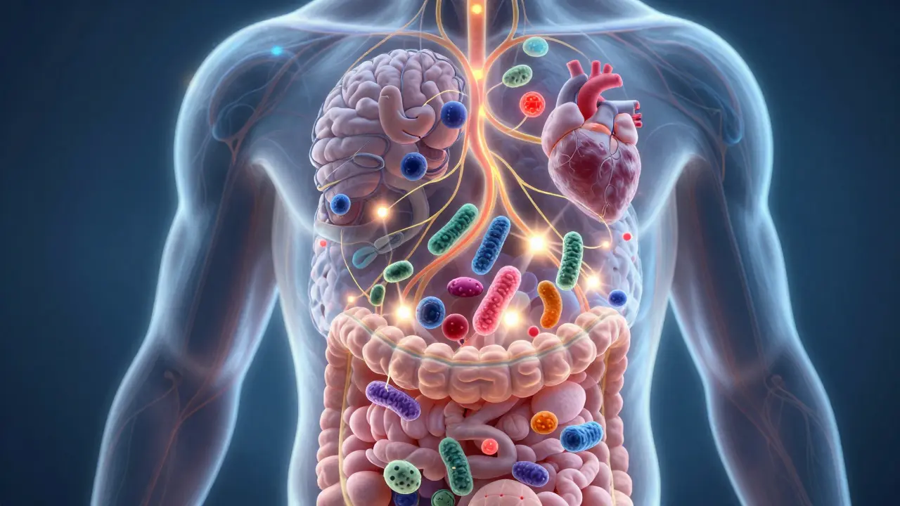 Průhledný lidský trávicí systém s prospěšnými bakteriemi komunikujícími s imunitou a mozkem