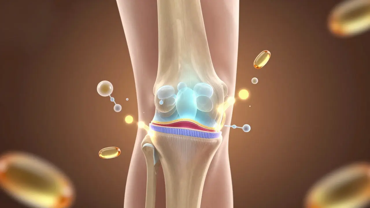 Průřez kolenního kloubu s tenčící se chrupavkou a látkami, které ji podporují.