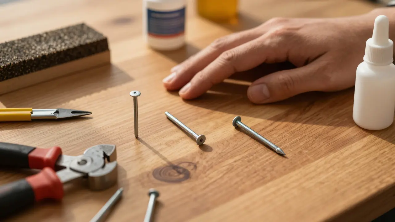 Ruka s třemi nehty v různých fázích doplňování, obklopená nástroji pro pedikúru.