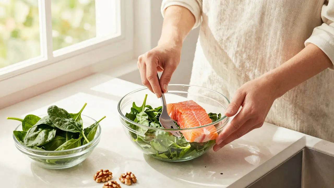 Špenát, losos a ořechy na kuchyňském stole