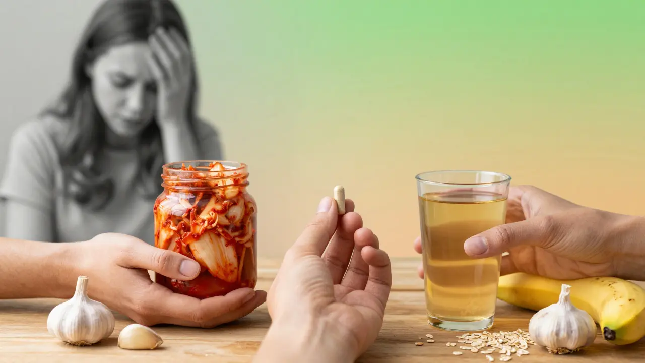 Tři zdroje probiotik: kysané zelí, kapky a kombucha s předbiotiky jako oves a česnek