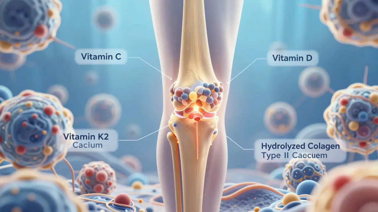 Umělecké znázornění kolenního kloubu, který se regeneruje pod vlivem vitamínů C, D, K2 a kolagenu typu II, jako živá buněčná scéna s bioluminescentním zářením.