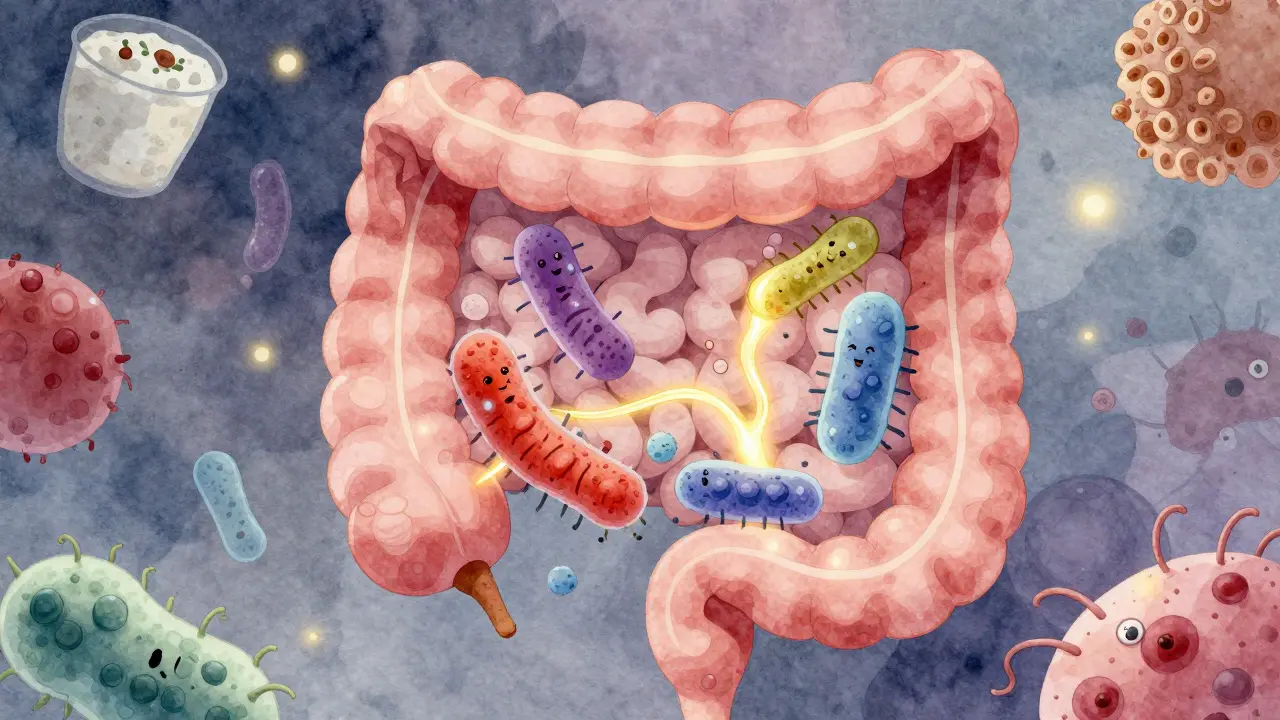Vnitřní pohled na střeva s živými probiotickými bakteriemi a fermentovanými potravinami jako symbolem rovnováhy.