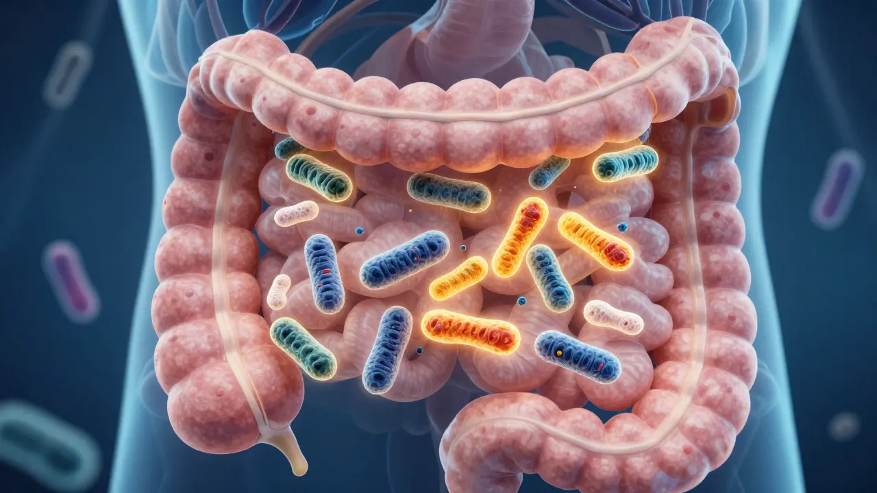 Vnitřní výřez střev s živými laktobacily, které podporují zdravou mikroflóru.