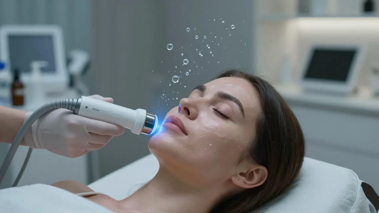 Zařízení microcurrent vysílá jemné pulsy na obličej při regeneraci kůže.