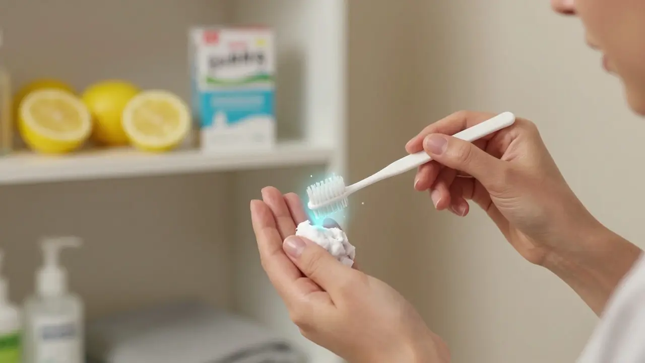 Žena aplikuje pastu z peroxidu a sody bikarbonátu na nehty pomocí kartáčku