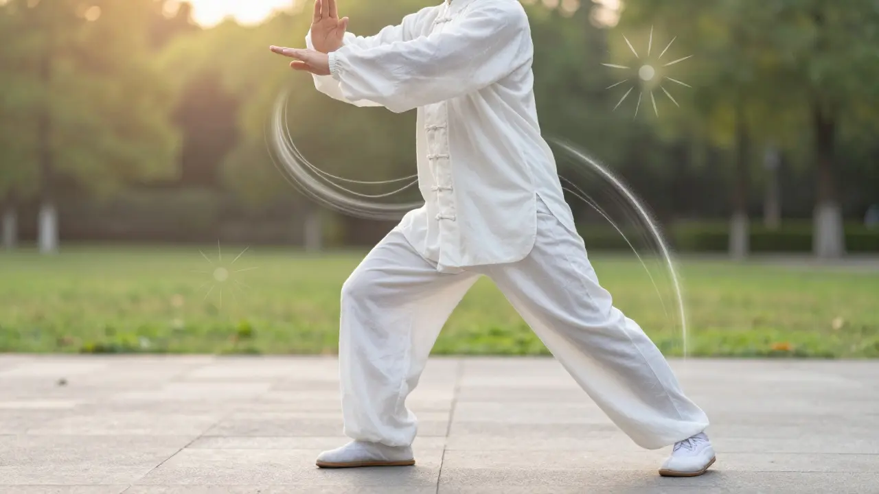 Žena cvičí tai chi na slunném parku, symbolické prvky podpory kloubů jsou jemně viditelné.