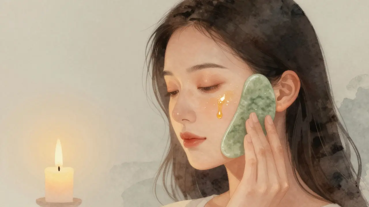 Žena provádí gua sha masáž obličeje jadovým kamenem s arganovým olejem.
