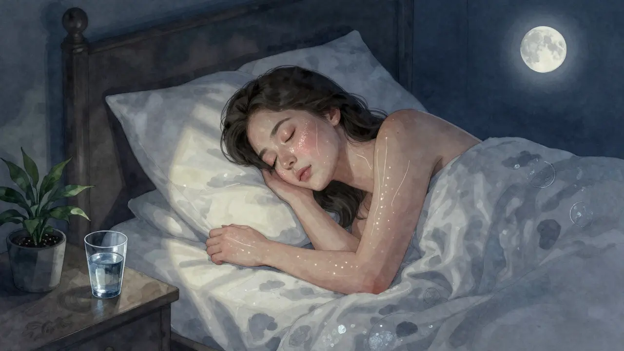 Žena spí v klidné, chladné ložnici s bavlněným polštářem a sklenicí vody.