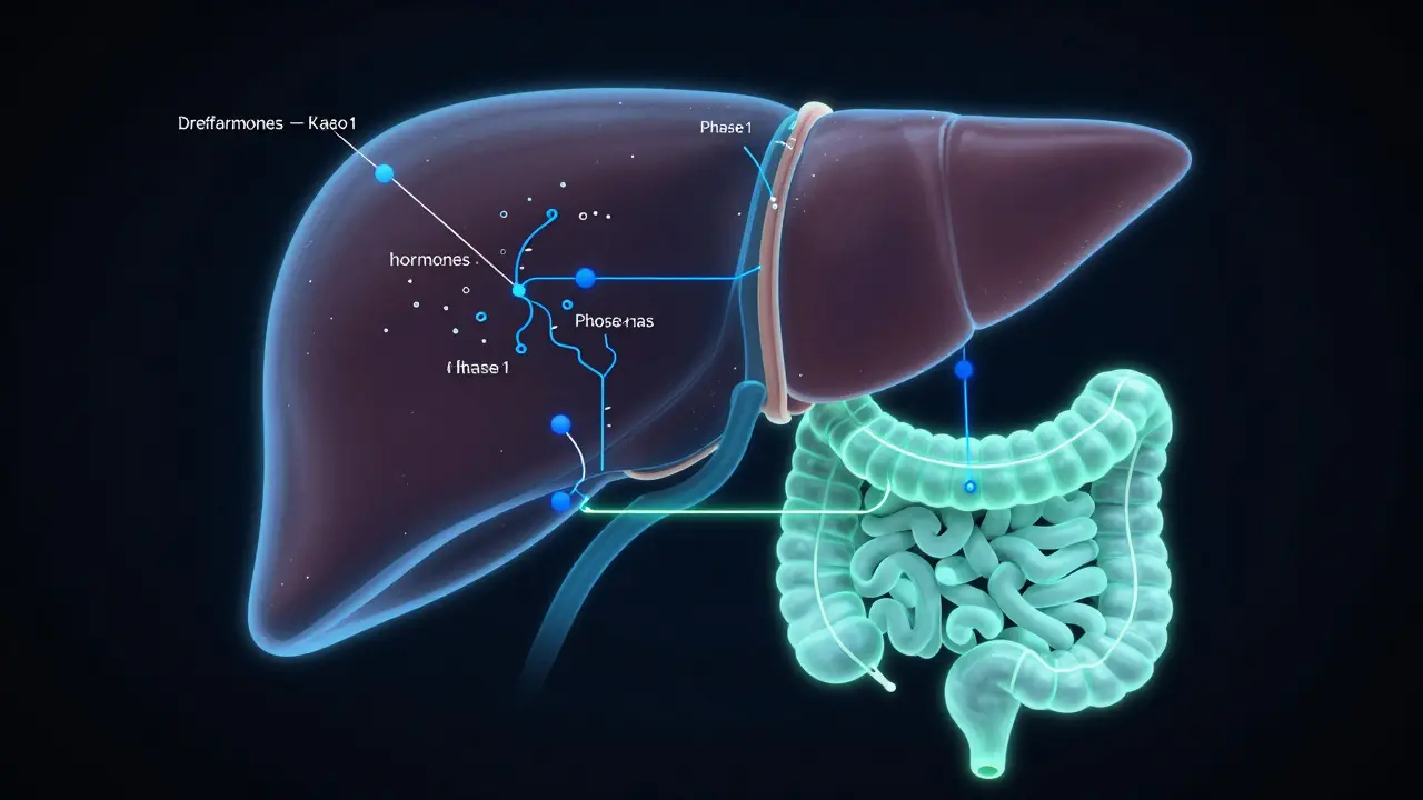 Abstraktní znázornění detoxikačních cest játra – dvě fáze přeměny a vylučování hormonů skrze střeva a ledviny