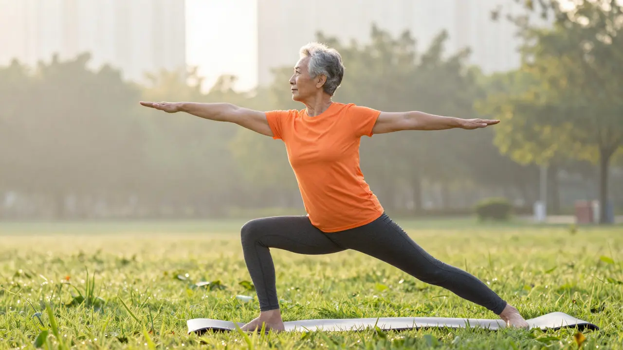 Aktivní senior cvičí venku na čerstvém vzduchu