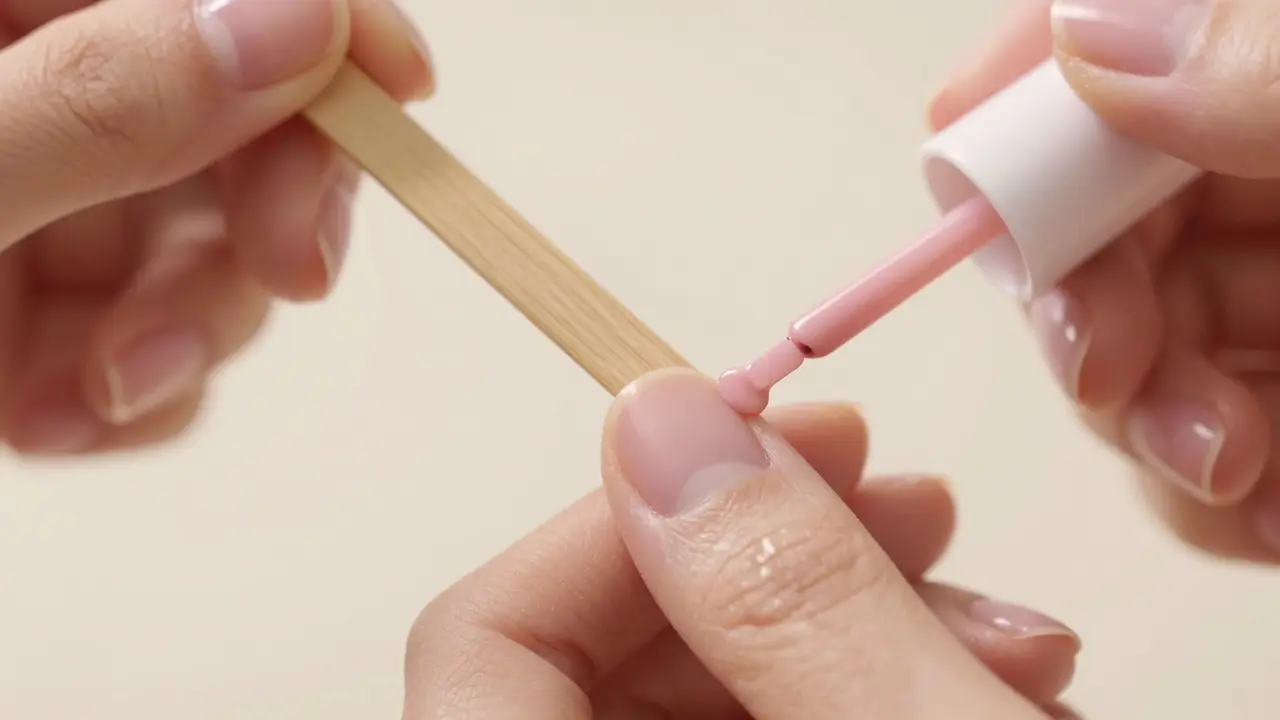 Blízký pohled na nehty s jemně upravenou kůžkou a dvěma vrstvami lesklého laků.