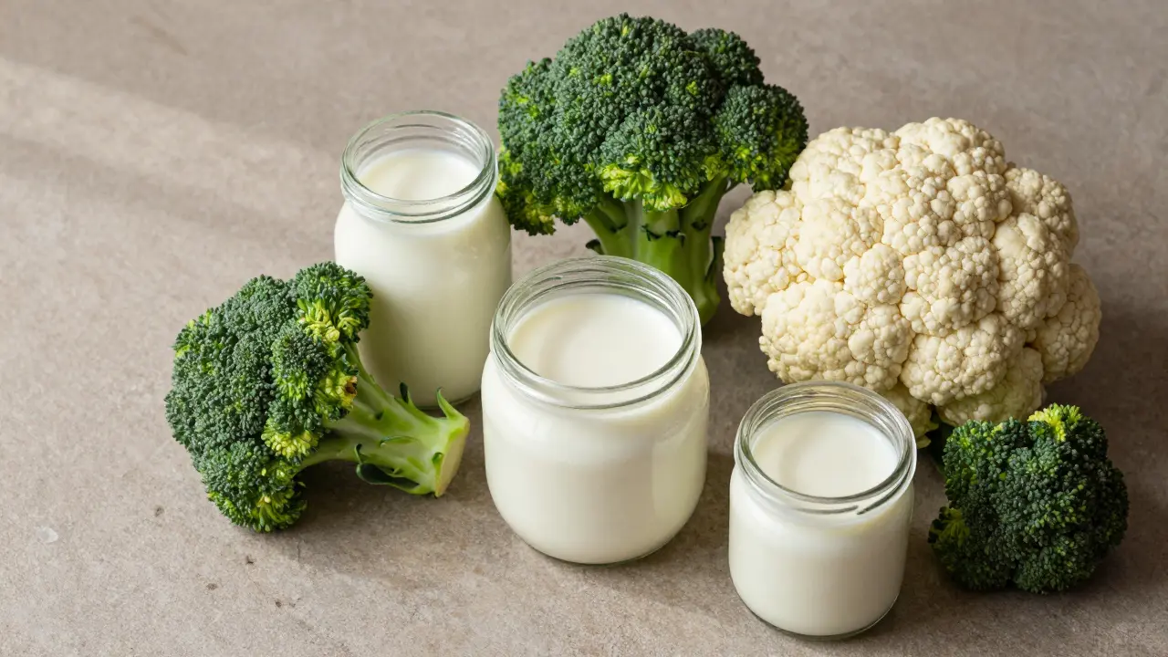 Čerstká brokolice a přírodní jogurty na kamenném povrchu.