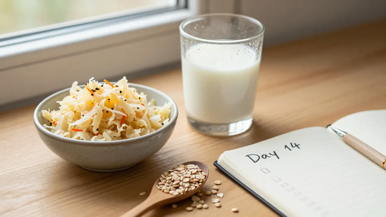 Denní potraviny pro zdravé střevo: kvasené zelí, kefír, oves a luštěniny na slunečném okně.