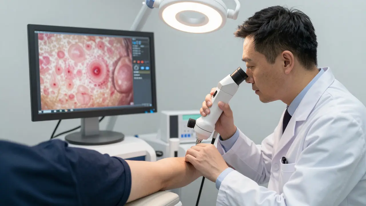 Dermatolog používá dermoskop k vyšetření podezřelé skvrny na paži pacienta.