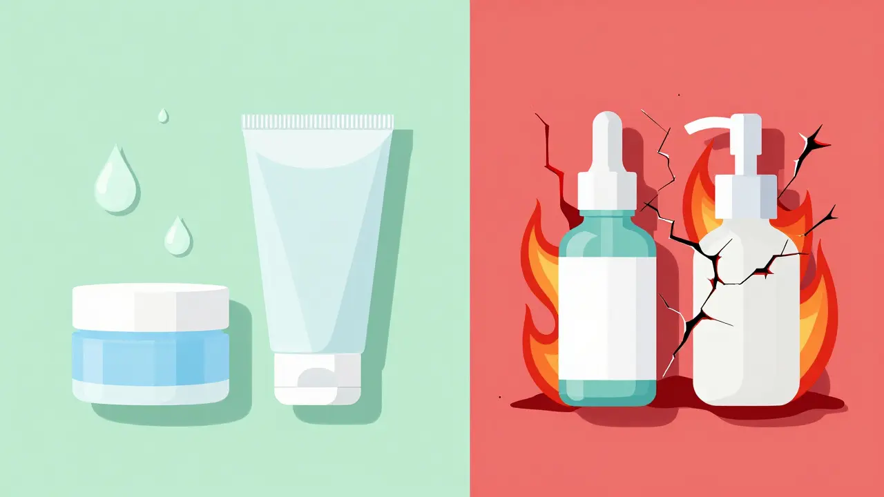 Dvě části péče o pleť: jedna s bezpečnými složkami, druhá s nebezpečnými kombinacemi, znázorněné barvami a texturami.