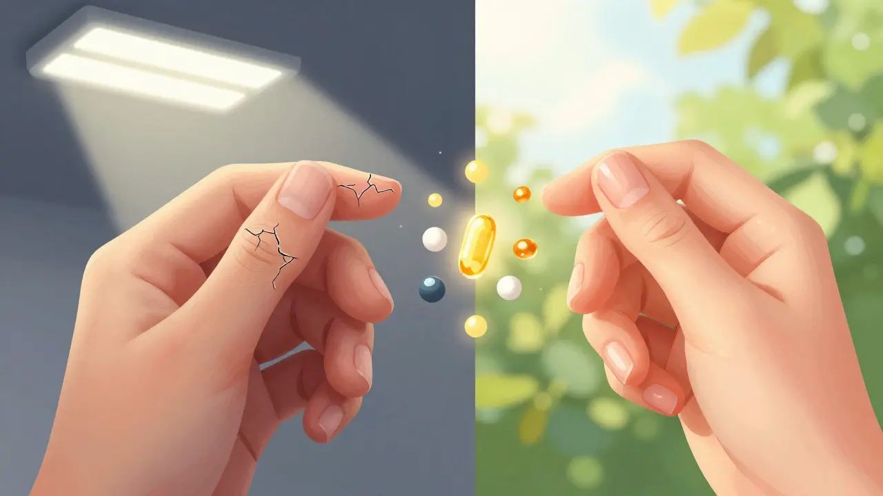 Dvě ruce: jedna s křehkými nehty, druhá s pevnými nehty, mezi nimi plavoucí molekuly živin jako symbol výživového vlivu.