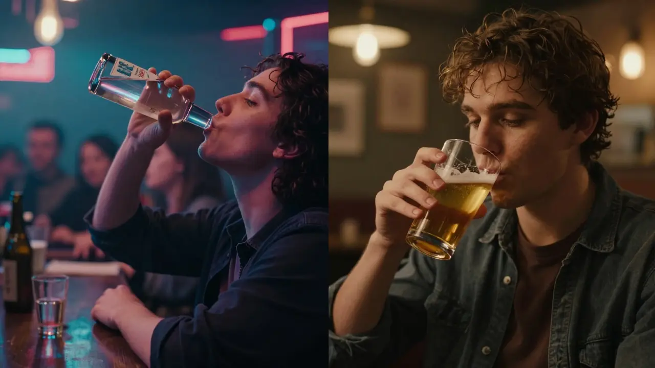 Dvě scény: jeden pije rychle v šumu baru, druhý pomalu s vodou—kontrast nebezpečné a bezpečné konzumace.