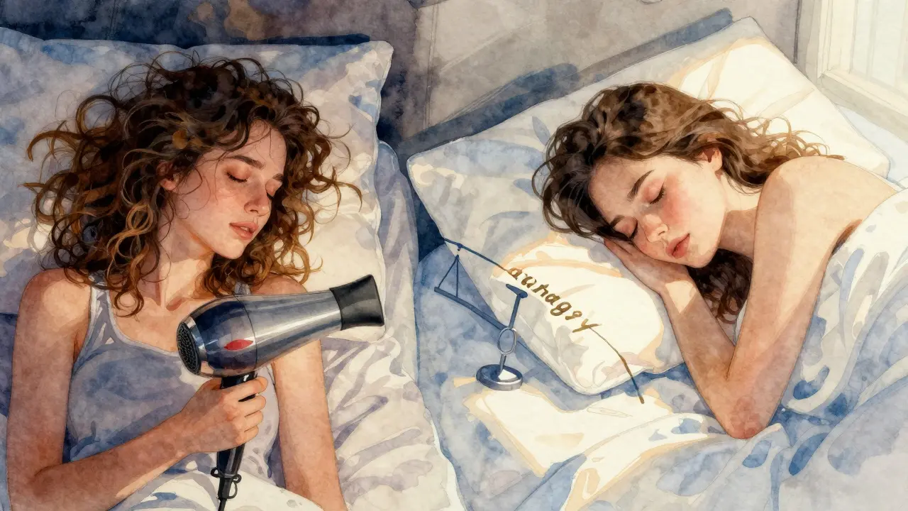 Dvě strany: jedna s tepelným poškozením vlasů, druhá s klidným spánkem — symbolický kontrast obnovy.