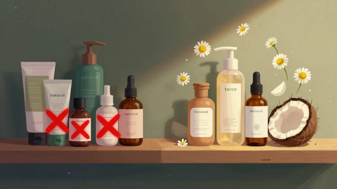 Dvě strany regálu: falešně označená kosmetika vs. skutečně bio produkty s přírodními složkami.