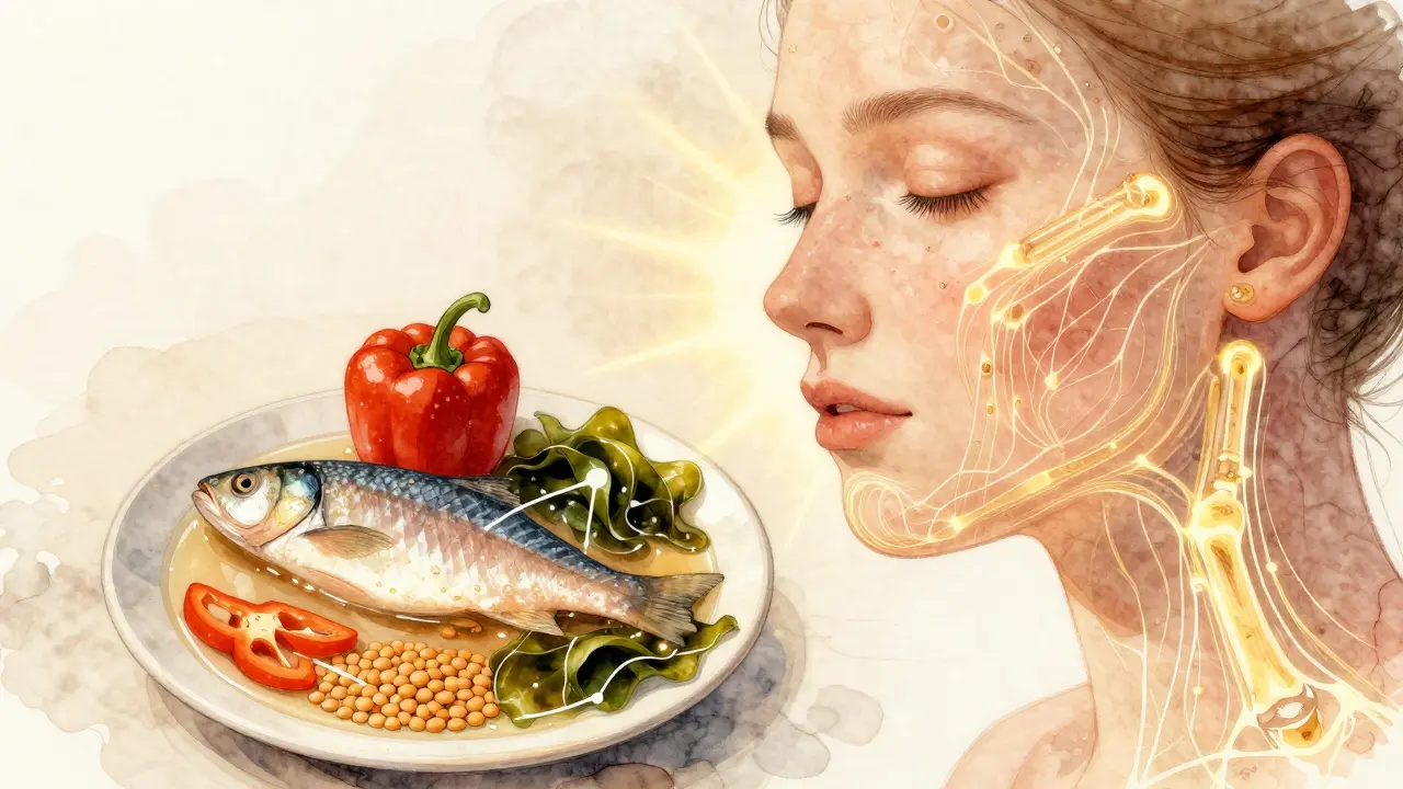 Grafická reprezentace kolagenu v kůži a kloubech napájeného přírodními potravinami jako rybí vývar a paprika.