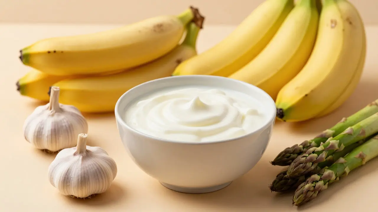 Jogurt vedle banánů a česneku symbolizující synbiotickou stravu.