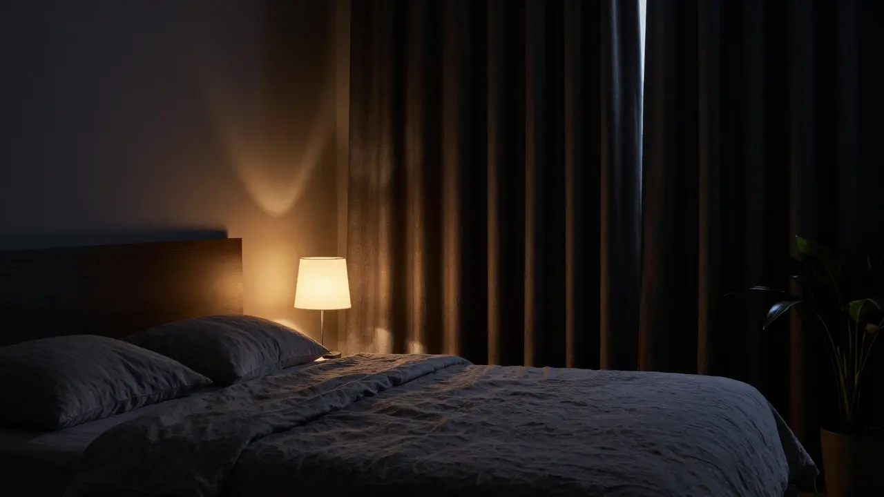Klidná ložnice s tlumeným světlem pro hluboký spánek.