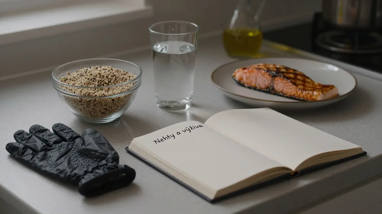 Kuchyňský stolek s vodou, quinou, lososem, rukavicemi a olejem z mandlí, klidné večerní osvětlení.