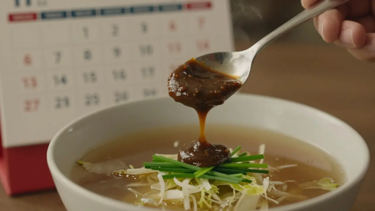 Lžíce miso se přidává do horké polévky s zeleninou a bylinkami.
