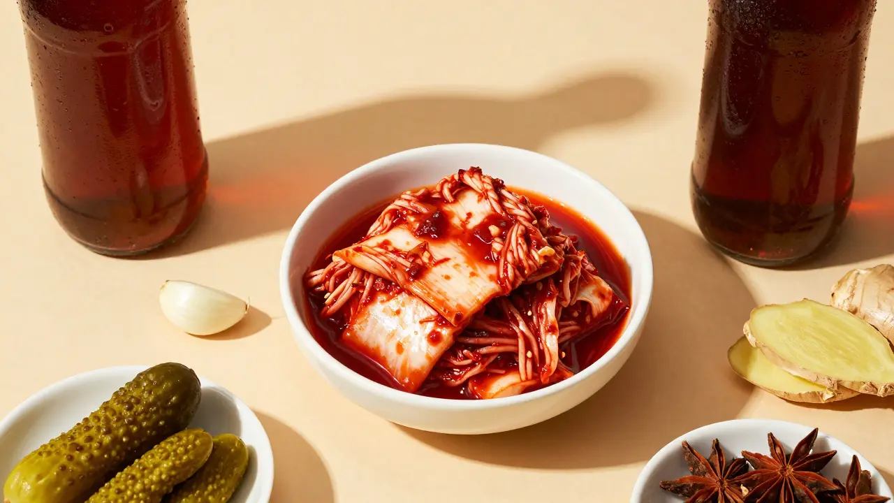 Miska ostrého kimchi a láhev kombuchy s česnekem a zázvorem.