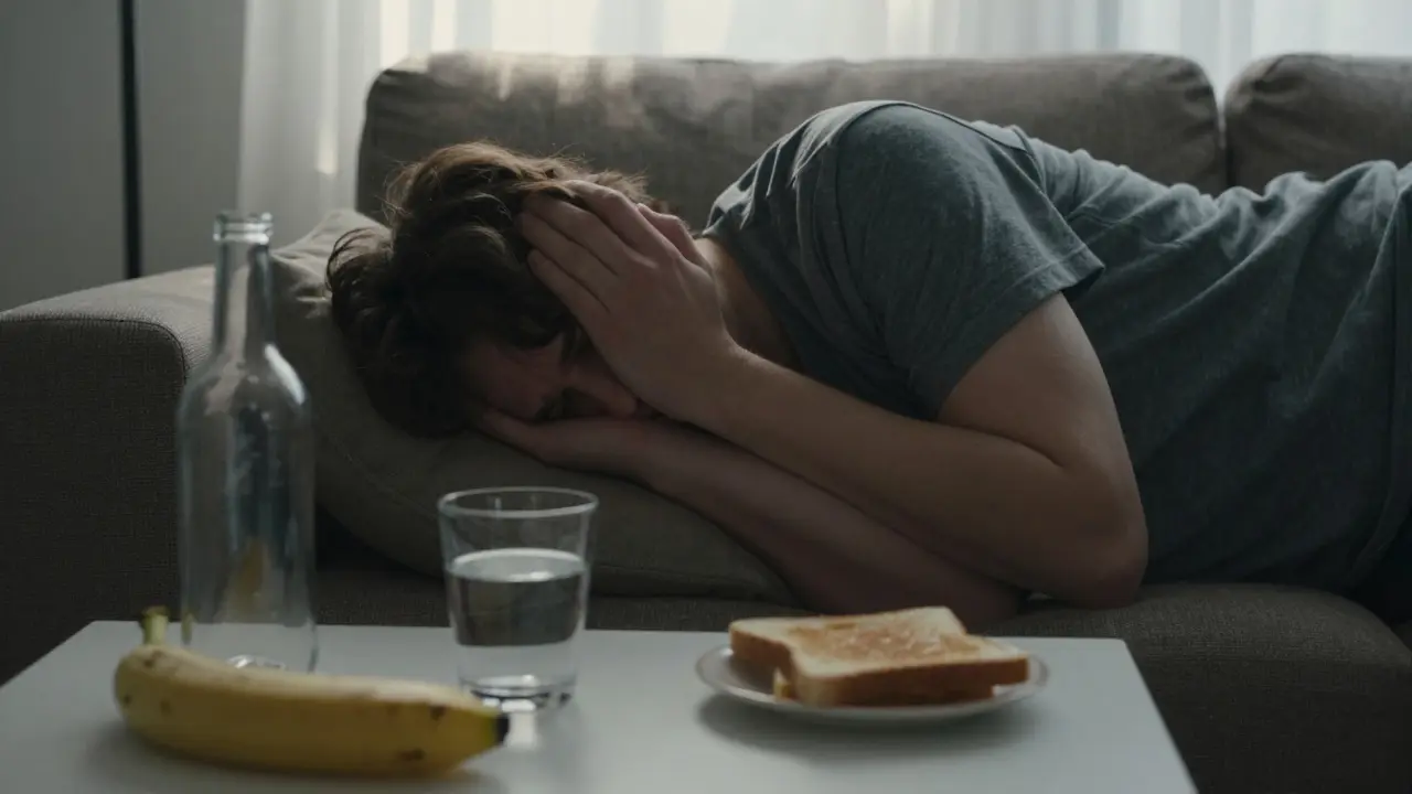 Muž na pohovce ráno, unavený, vedle něj voda a lehké jídlo—žádné léky ani káva.