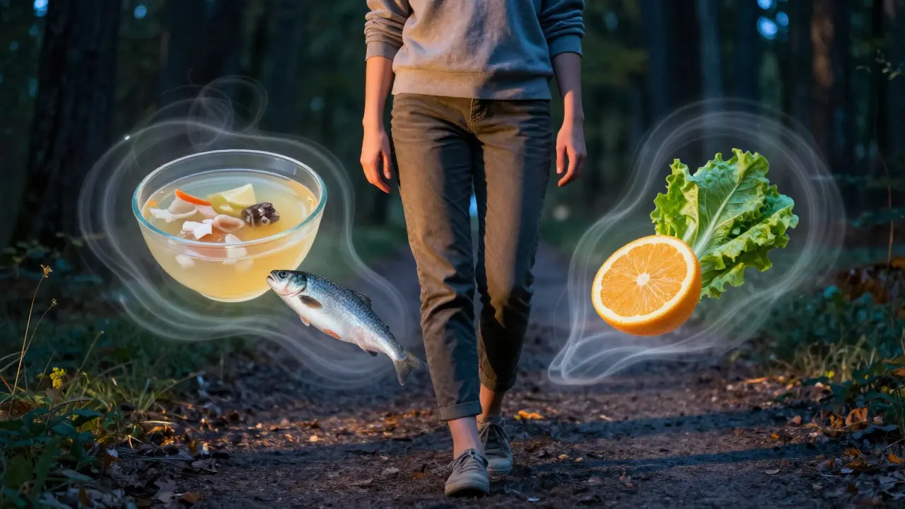 Osoba procházející lesem, kolem ní plavají přirozené zdroje kolagenu — vývar, ryba, citrusy a zelenina.