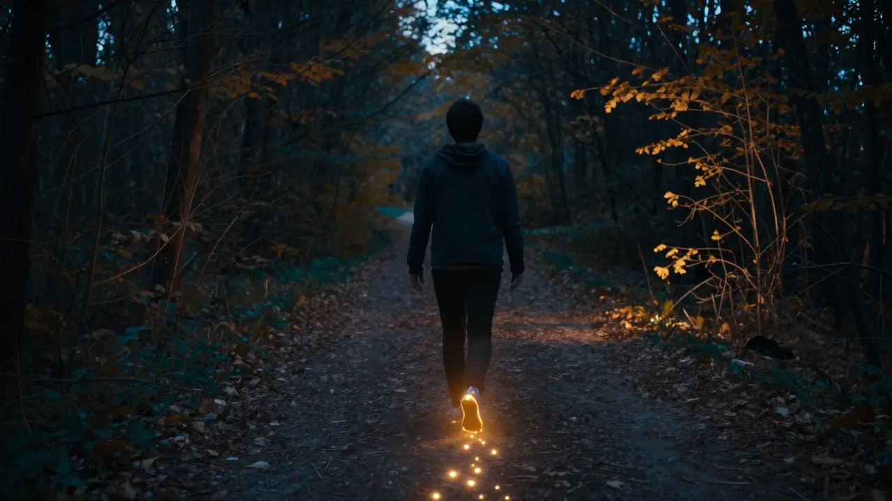 Osoba prochází lesem v šeru, za ní se tvoří zářící mikrobiální stopa, symbolizující hojení střeva.