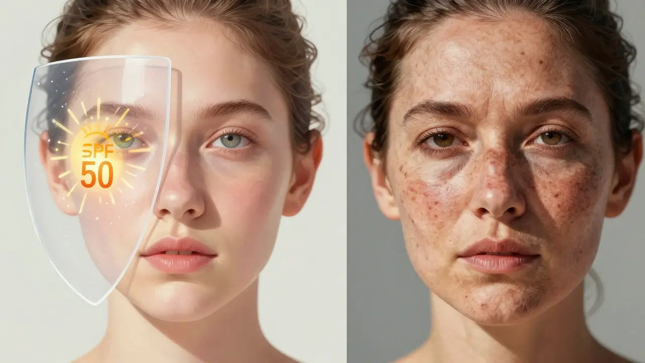 Porovnání chráněné a poškozené pokožky obličeje pod sluncem.