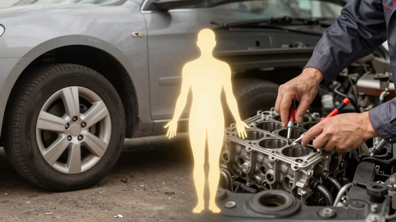 Porovnání rolí kožního lékaře a dermatologa jako opraváře auta a mechanika motoru.